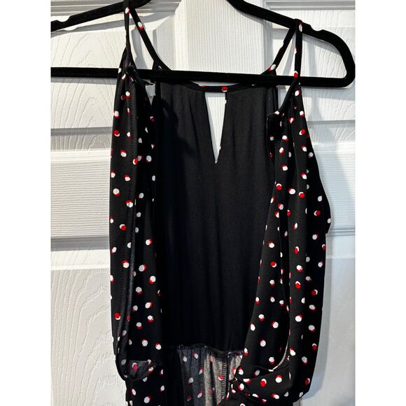 Wisp Black Jumpsuit Size 6 White & Red Polka Dots Keyhole V Neckline Belted - Picture 7 of 9